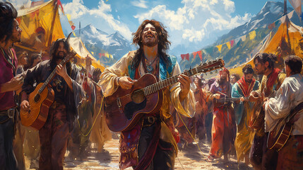 Obraz premium Lively Hippie Festival with Dancing, Music, and Colorful Decorations