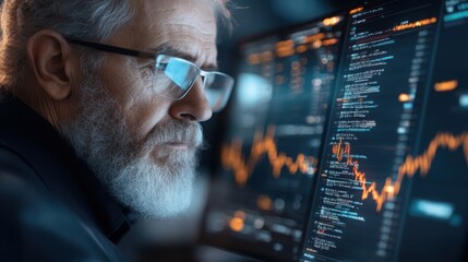 Man analyzing data on computer screens with financial charts, stock market trends.