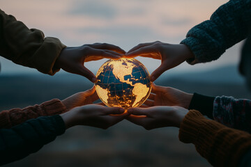A group of diverse hands gently holding a glowing world globe, symbolizing unity and care for Earth Day, set against a soft sky background with ample copy space for environmental messages. 