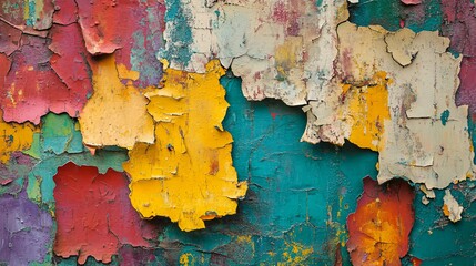 Closeup of a cracked, peeling, and colorful painted surface.