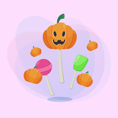 Huge lollipop in shape of pumpkin on abstract background. Halloween banner design. Celebration, holiday, party, treat concept. Vector illustration for invitation or poster