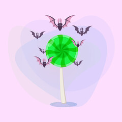 Huge lollipop and flying bats on abstract background. Halloween banner design. Celebration, holiday, party, treat concept. Vector illustration for invitation or poster