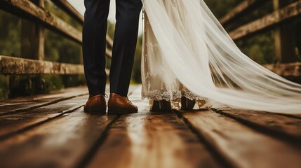A bride and groom standing outdoors together on a wooden bridge in nature, celebrating their love during a wedding ceremony, beautiful dress, veil and suit surrounded by happiness and romance