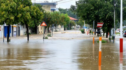Flooded Street After Heavy Rainfall in Urban Area