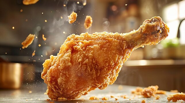 Delicious Fried Chicken Leg Being Pulled Apart in a Home Kitchen Setting