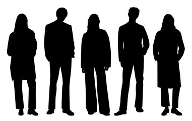 Vector silhouettes of  men and a women, a group of standing   business people, profile, black color  isolated on white background