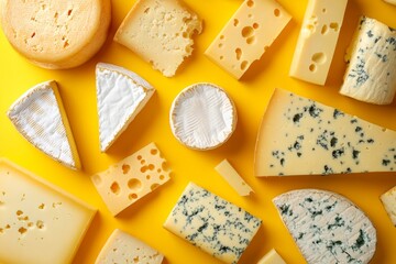 Assorted Cheese Varieties Displayed on Bright Yellow Background