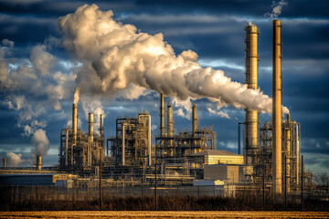 A massive factory belching dense smoke from its towering chimneys, enveloping the surrounding area in a thick cloud of pollution against a gloomy sky. 