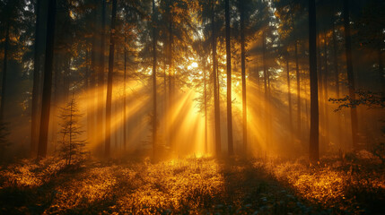Obraz premium Enchanting Sunbeams Through Misty Forest: Golden Light Illuminating Autumn Woods