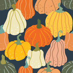 Trendy colourful autumn seamless pattern with different pumpkins. Vector illustration.