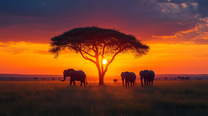 Fototapeta premium African Elephants Silhouetted Against Sunset Near Acacia Tree in the Serengeti Savanna