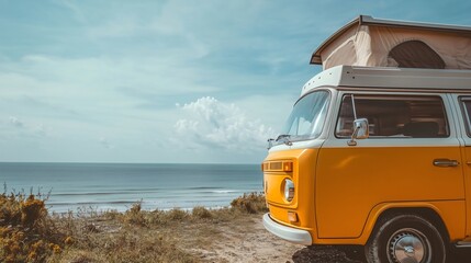On a summer trip to the beach, a vintage camper van or an old combi takes travelers on a journey by the sea, vacation or holiday experience with adventure, freedom, tourism and the beauty of nature
