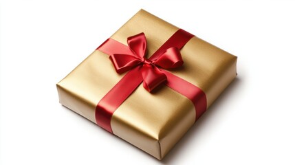 Obraz premium A beautifully wrapped New Year present in gold paper with a red ribbon, isolated on a white background, showcasing elegance.