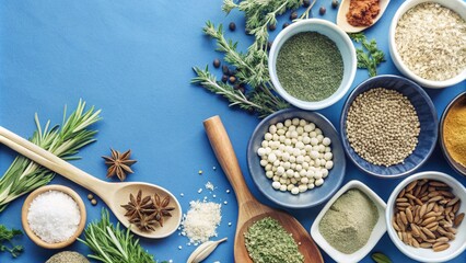 Top view of Herbs and spices isolated on background, ingredients for cooking food, healthy vegetables food, high fibers and vitamins.