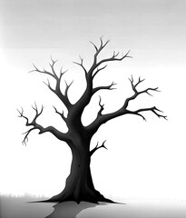 Stylized black and white illustration of a bare tree with twisted branches on a light background
