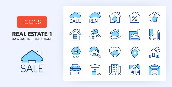 Line icons about real estate. Contains such icons as sale, location, industrial warehouse and more. 256x256 Pixel Perfect editable in two colors. Set 1 of 2