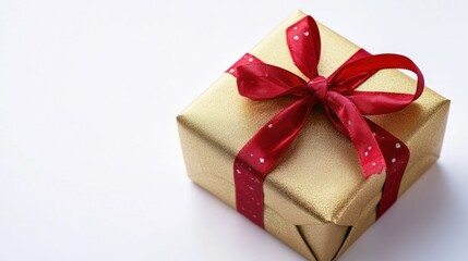 Obraz premium A beautifully wrapped New Year present in gold paper with a red ribbon, isolated on a white background, showcasing elegance.