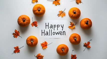 Happy Halloween on white paper around pumpkins