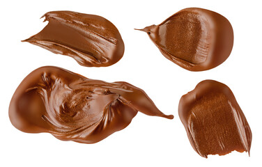 Collection of Chocolate Smears Isolated on white. Melted Chocolate spreads top view.  Chocolate Hazelnut paste set flat lay .