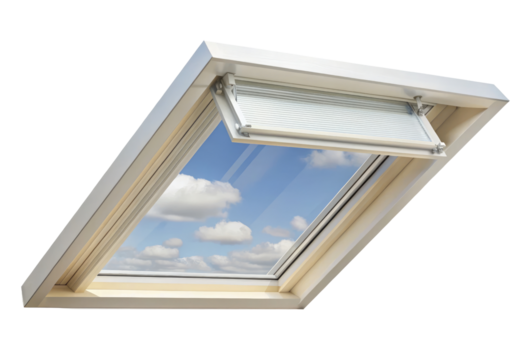 Roof window with clear sky view isolated with transparent background.
