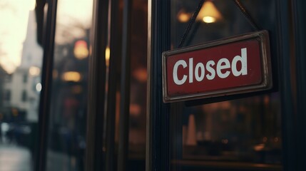 A cafe sign hangs on the entrance front door of a small business, store is closed, message on the signboard with information about the restaurant's hours and retail services 