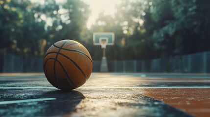 An empty basketball court at the playground features a hoop, basket and ball, perfect for recreation and training, where players can practice their sport and enjoy the game tournament Nobody