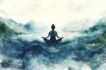 Serene Watercolor Scene of Yoga and Meditation with Flowing Colors, Symbolizing Inner Calm and Mindfulness