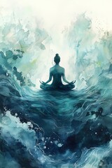 Fototapeta premium Serene Watercolor Scene of Yoga and Meditation with Flowing Colors, Symbolizing Inner Calm and Mindfulness