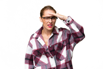 Young caucasian woman over isolated background looking far away with hand to look something