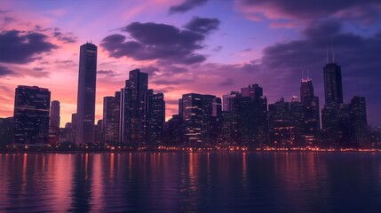 Fototapeta premium Beauty of the urban city skyline at night, where illuminated buildings reflect on the river water under a purple sky, creating a stunning view for evening tourism in this vibrant urban landscape.