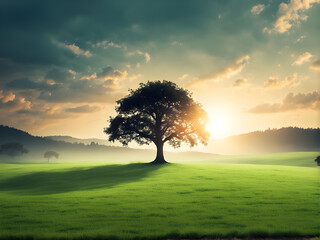 Spiritual healing life concept: Silhouette alone tree on beauty meadow landscape wallpaper background