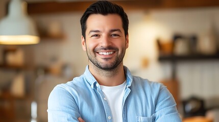 Fototapeta premium Confident man smiling in casual shirt with blurred background