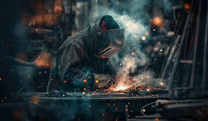 Skilled Welder Creating Sparks and Fusing Metal in Industrial Workshop