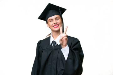 Young university graduate  caucasian woman over isolated background smiling and showing victory sign