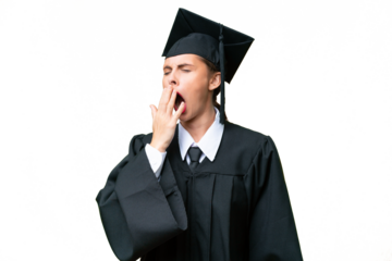 Young university graduate  caucasian woman over isolated background yawning and covering wide open mouth with hand