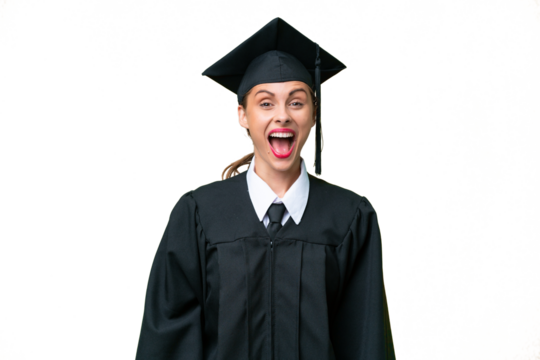 Young university graduate  caucasian woman over isolated background with surprise facial expression