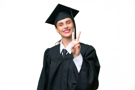 Young university graduate  caucasian woman over isolated background smiling and showing victory sign