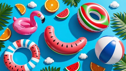 Playful Summer Illustration Inflatable Pool Floats, Tropical Leaves, Fruit Slices, and Beach Ball Against a Bright Blue Background, 3D Render