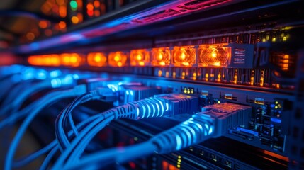 Naklejka premium Network Server Room Featuring Cables and LED Lights