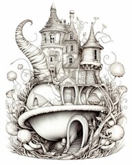 An intricate, surreal illustration of a fantastical building resembling a mushroom house with twisted, whimsical architecture, perfect for use in storybooks, fantasy artwork