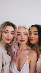 Fototapeta premium Diversity inclusivity multicultural friendship women beauty glowing skin pastel hair happiness togetherness empowerment joy youthful modern trendy lifestyle sisterhood confidence pink blonde black ad