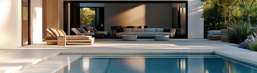 Fototapeta premium Modern Luxury House with Outdoor Pool and Stylish Furniture in a Serene Setting