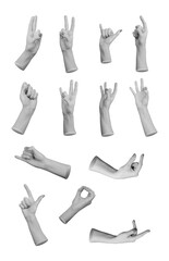 Hand gestures set, various finger signs collection, isolated on white background.