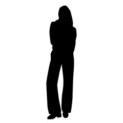Vector silhouette of a young attractive slender woman, standing, black color, isolated on a white background