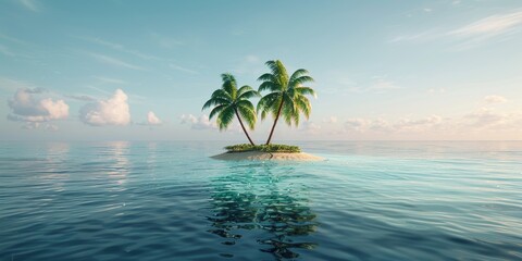 Fototapeta premium Tropical Paradise: Two Palm Trees on a Small Island