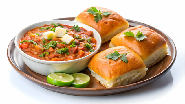 Pav bhaji with buttery bread rolls on a white background