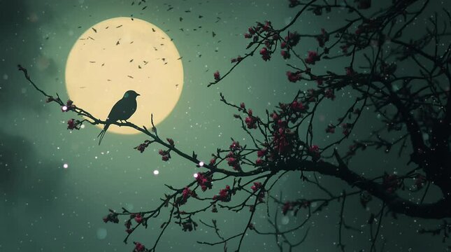 silhouette of a bird on a cherry tree branch at night with a full moon in the background. Virtual 4K video animation background with looping time lapse with very smooth graphics.