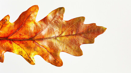 Fototapeta premium Aesthetic oak leaf with vibrant autumn colors, copy space, white background, presentation template. Generative AI