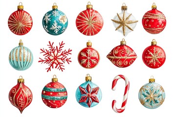 Festive Christmas ornaments with various designs on a white isolated background.