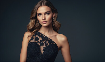 Fototapeta premium A woman poses in a black, one-shoulder dress with lace detailing